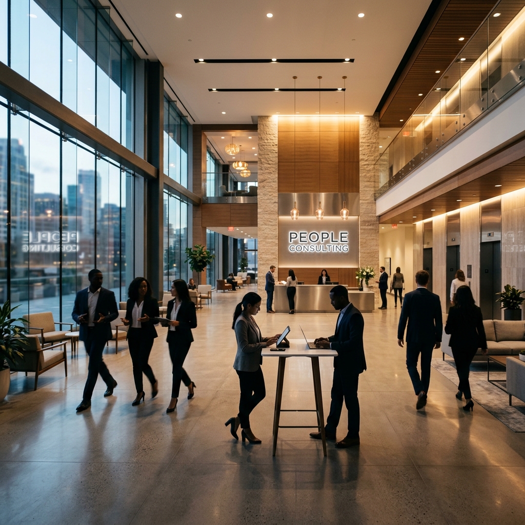 Professional modern corporate office lobby with collaborating consultants and 'PEOPLE CONSULTING' branding on the wall