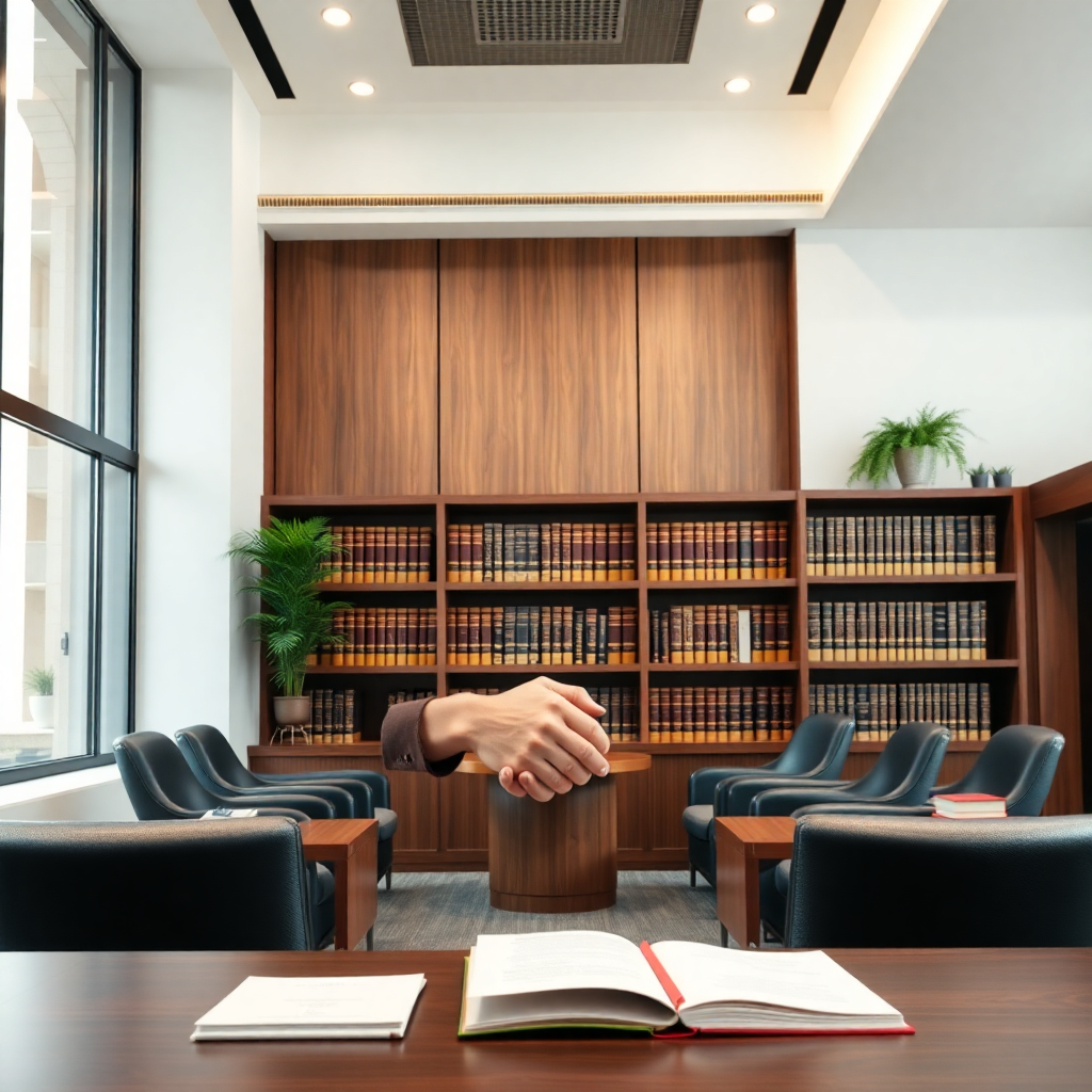 Law library with legal books and classical statues